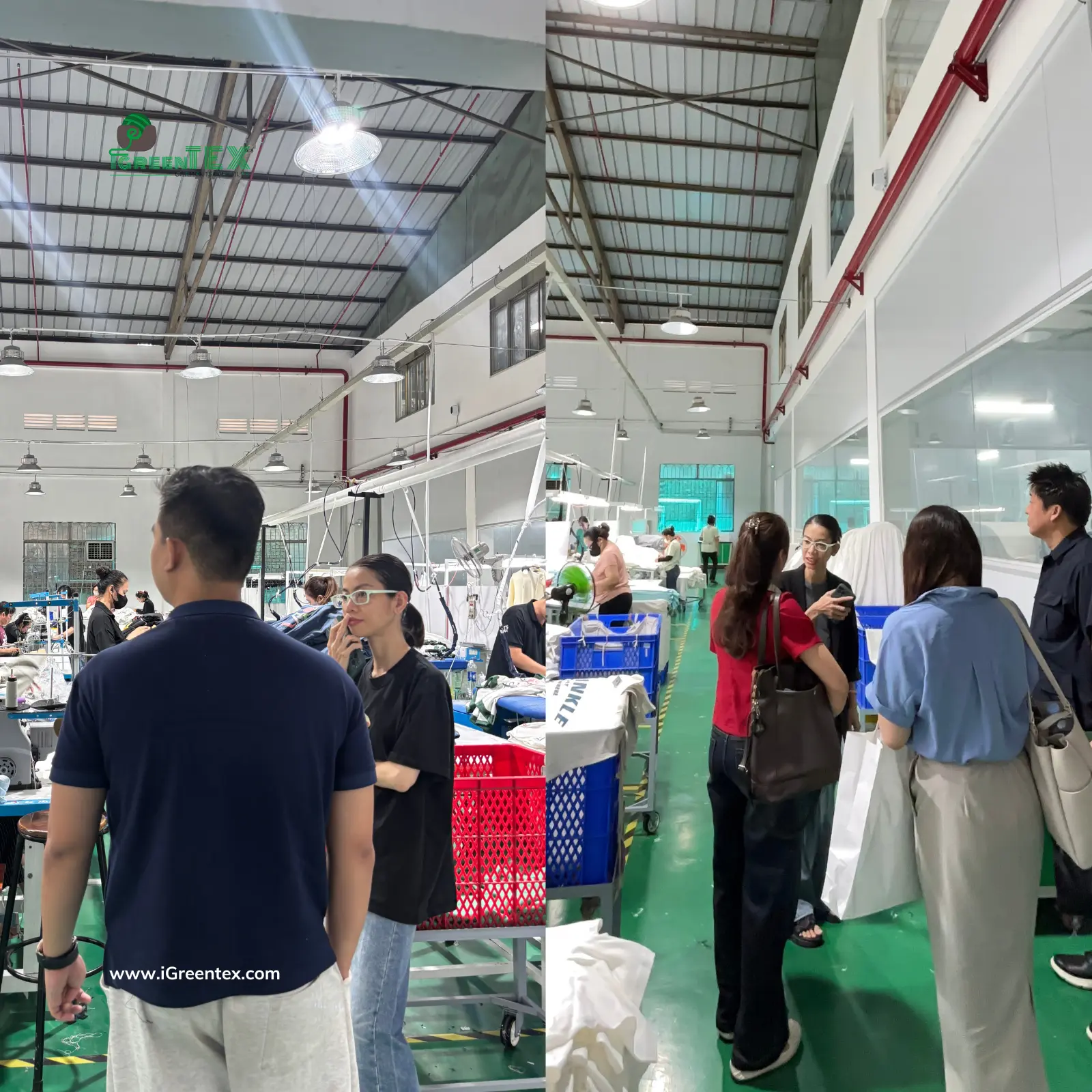 A professional client audit at iGreen Tex Vietnam, verifying sewing precision and technical compliance. This visual clarifies the distinct roles of textile manufacturers vs cloth manufacturers in the global supply chain.