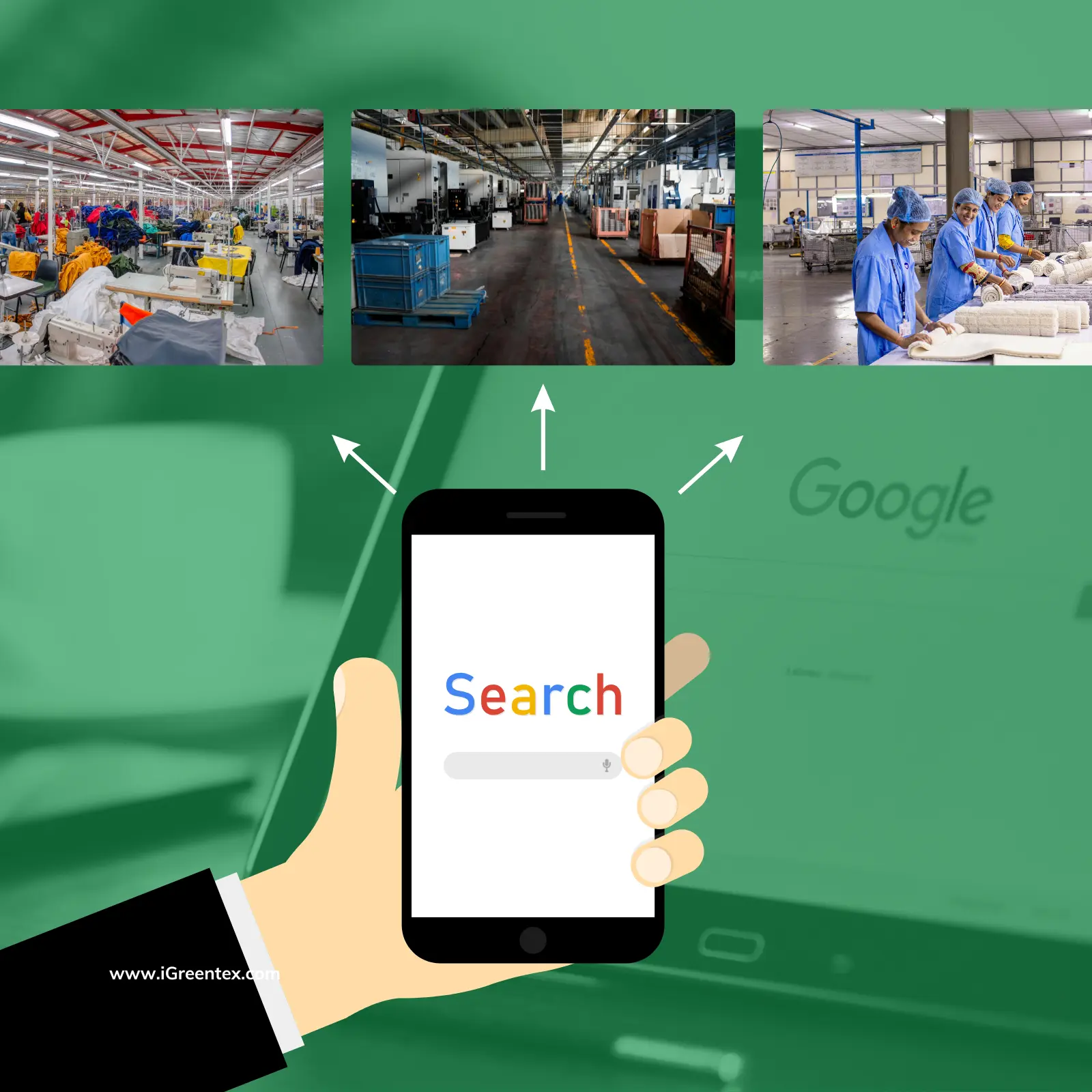 A digital screen showing Google Search results and Maps for garment factories. This illustrates how to select a clothing manufacturer for your brand by verifying their physical location and online reputation.