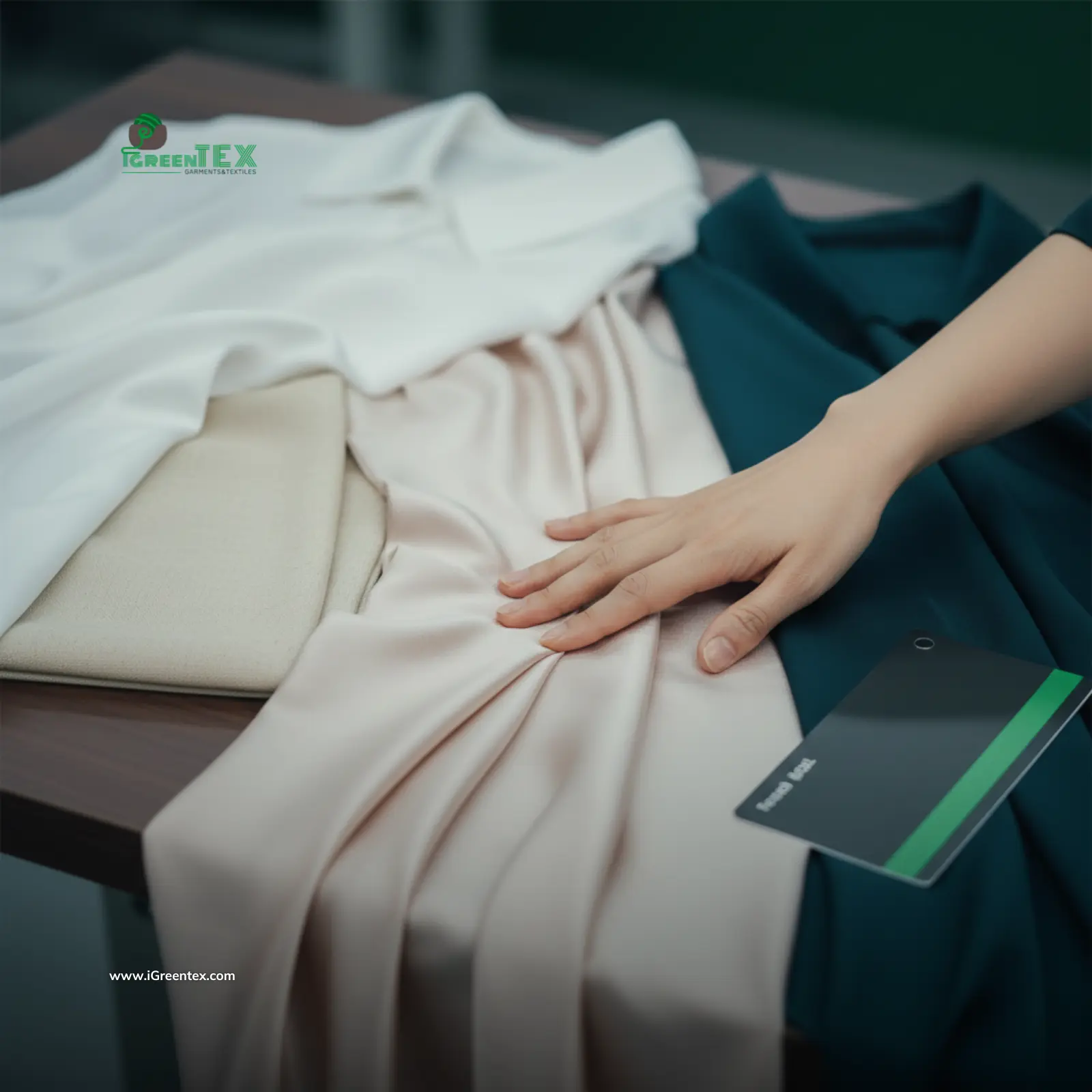 Close-up of premium eco-materials (Bamboo Lyocell, Rose Petal Fiber) being inspected for softness at a professional Sustainable Sleepwear Manufacturer in Vietnam.