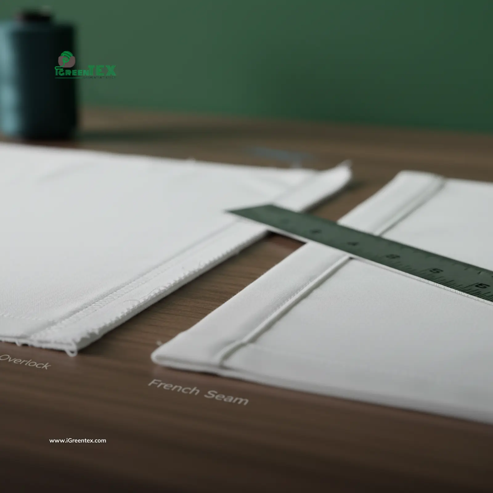 Macro comparison of a smooth French Seam (Clean Finish) versus a standard Overlock stitch on organic cotton, demonstrating the high-quality construction of a Sustainable Sleepwear Manufacturer.