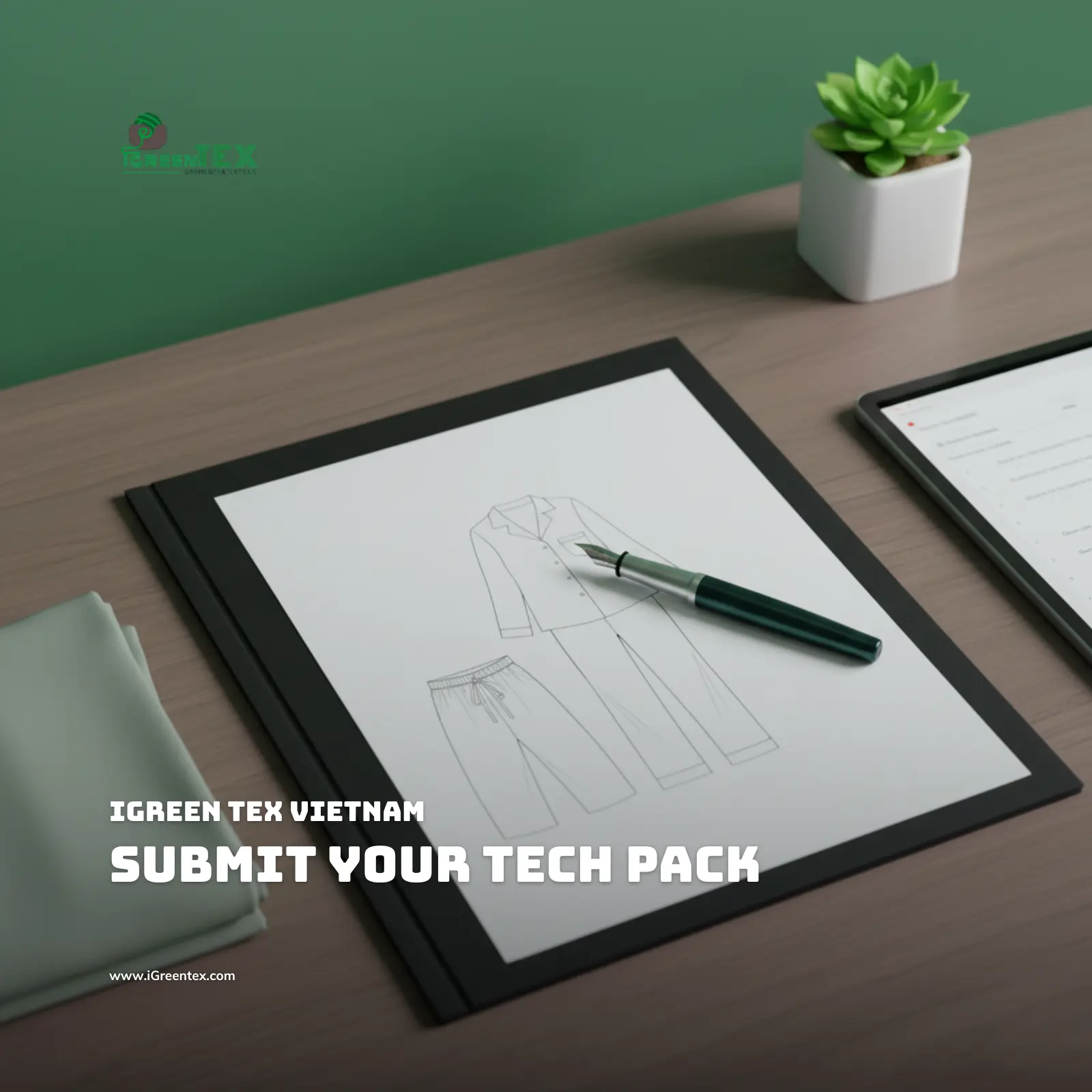 Workspace ready for production: Tech pack review and fabric selection at iGreen Tex, a leading Sustainable Sleepwear Manufacturer offering OEM/FOB services.