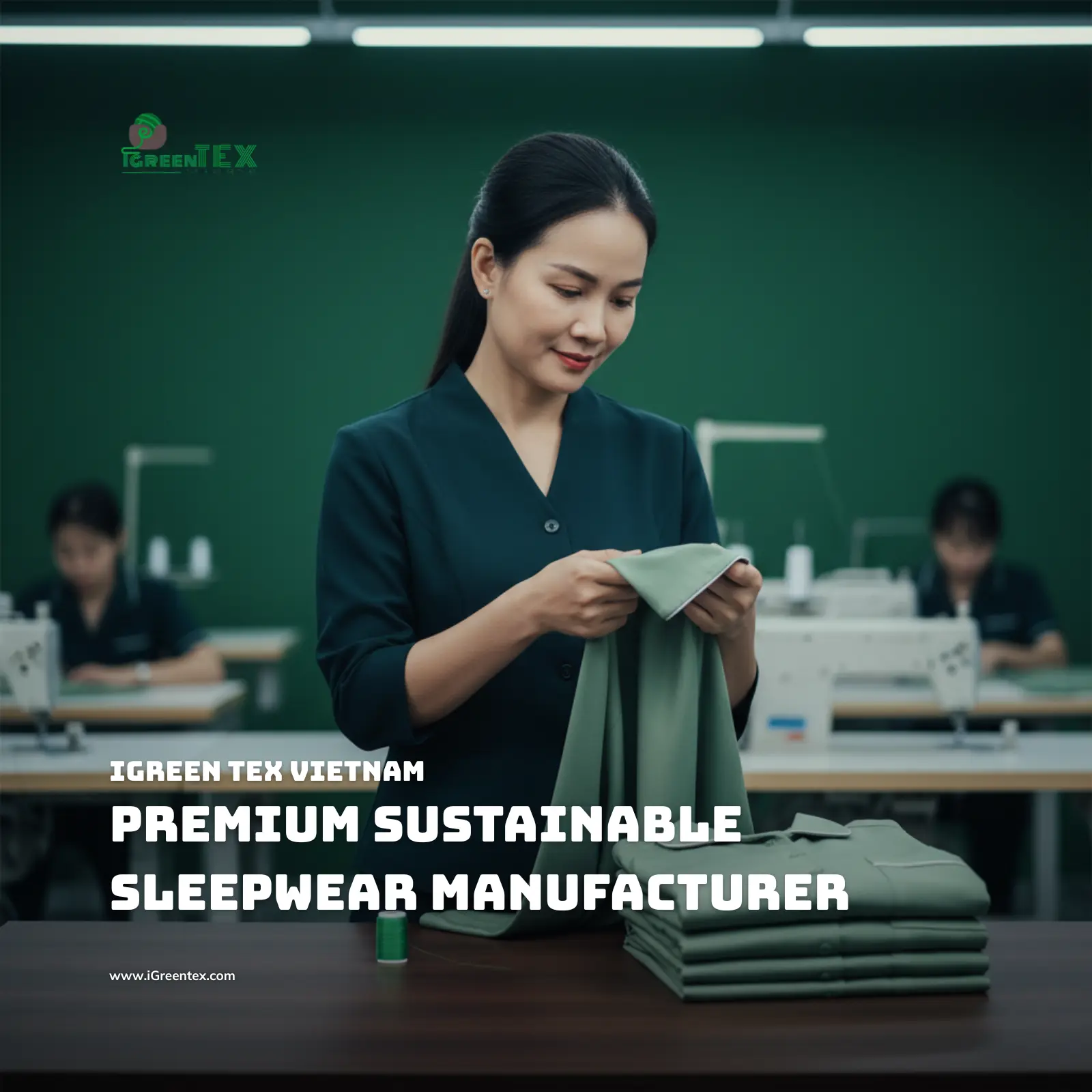 A Vietnamese technician inspecting high-quality eco-fabric at a professional Sustainable Sleepwear Manufacturer facility in Vietnam, specializing in OEM and FOB services.