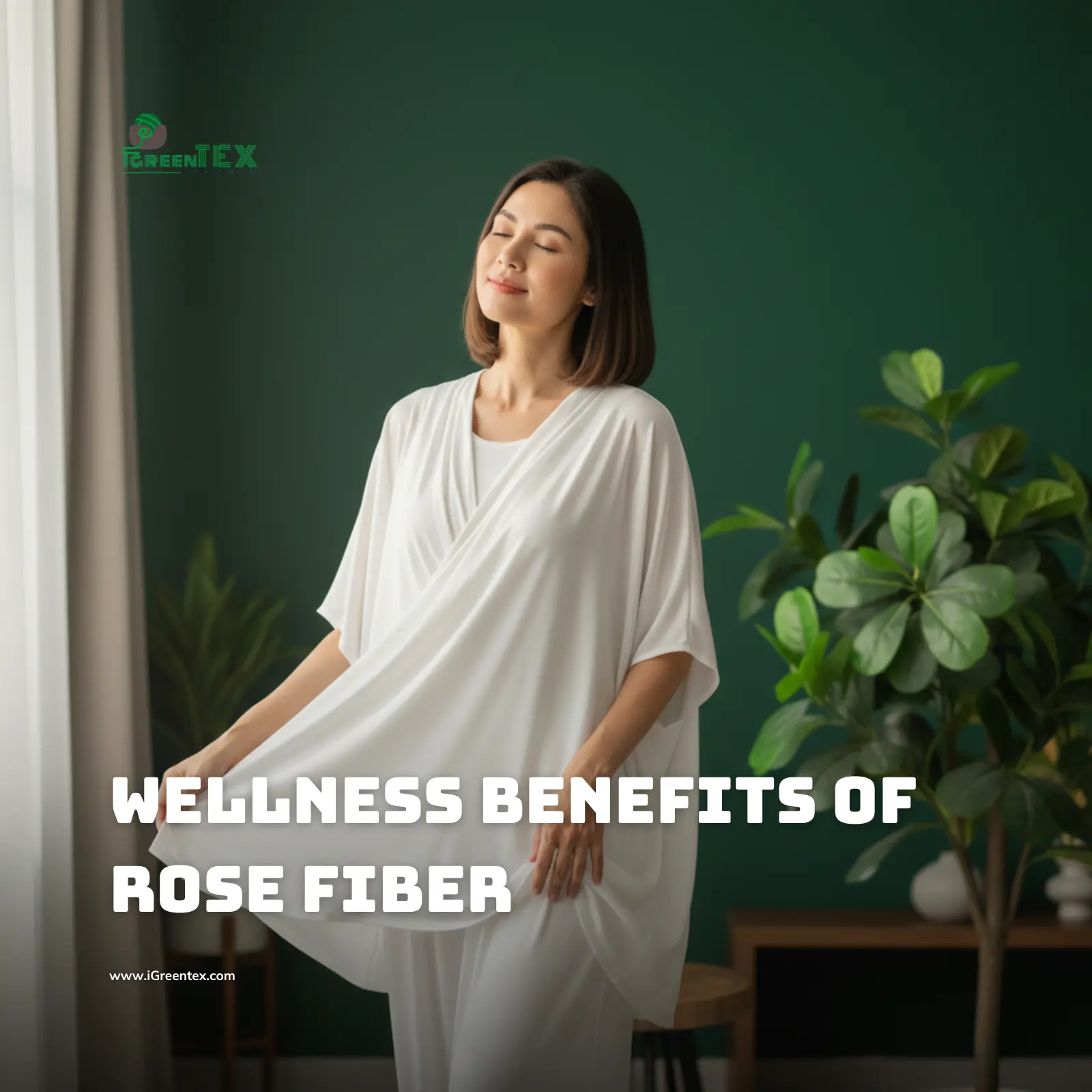 Model wearing a luxury white lounge set made from organic Rose Petal Fiber. Soft, breathable vegan silk fabric with natural skincare benefits. Sustainable garment manufacturing by iGreen Tex Vietnam.