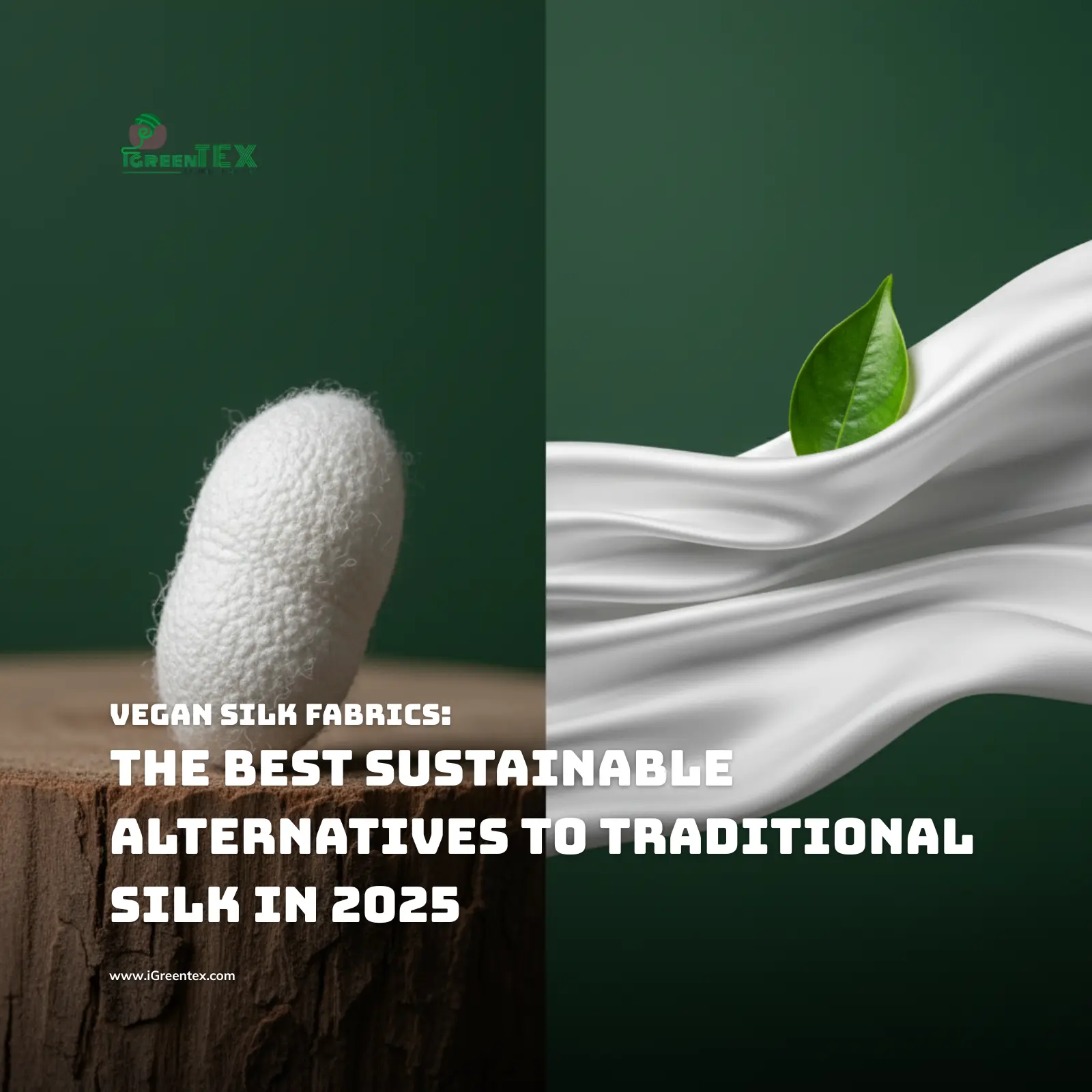 Artistic split-screen comparison poster. Left: A raw traditional silkworm cocoon on wood. Right: Luxurious white vegan silk fabric wrapped around a green leaf. Background is a professional deep forest green studio setting.