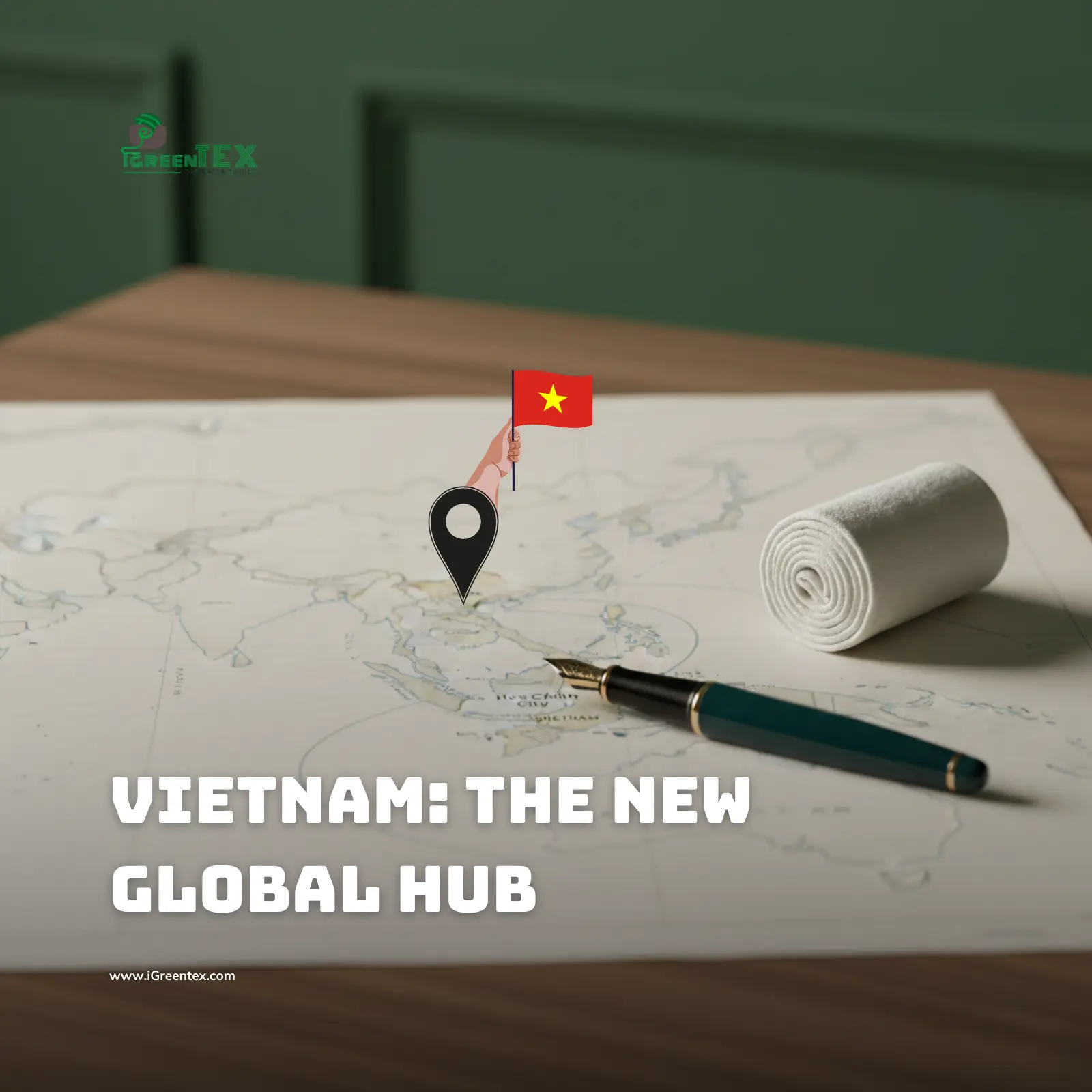 Strategic sourcing map highlighting Vietnam as a textile hub. High-end logistics planning for Rose Petal Fiber export to USA and EU. iGreen Tex manufacturing solutions.