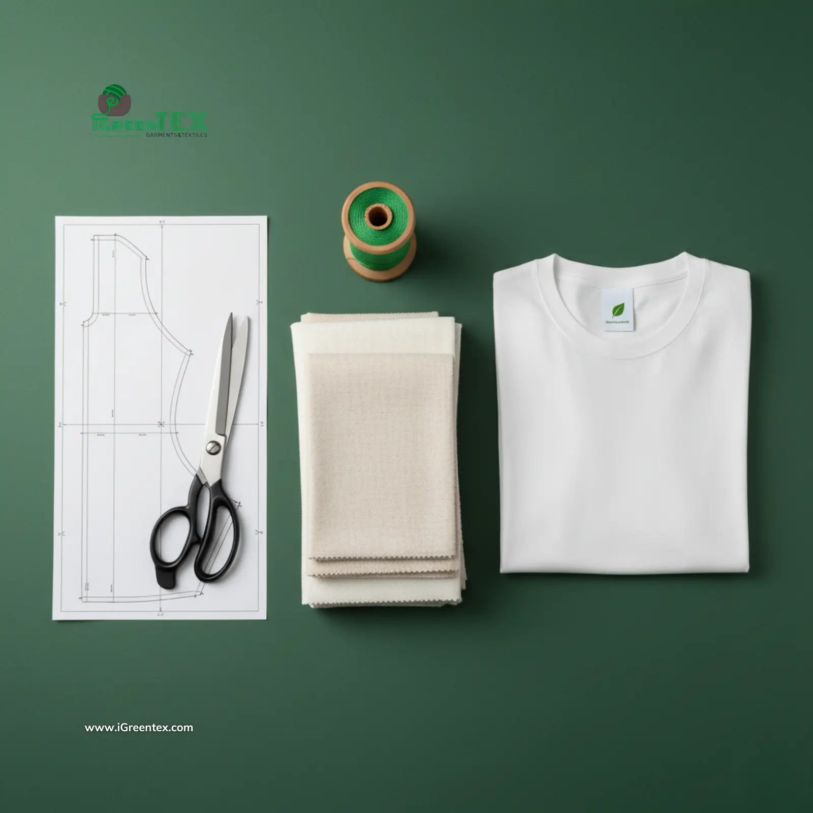 Flat lay of garment manufacturing stages including fabric sourcing, pattern making, cutting tools, and finished folded t-shirt on a green background.
