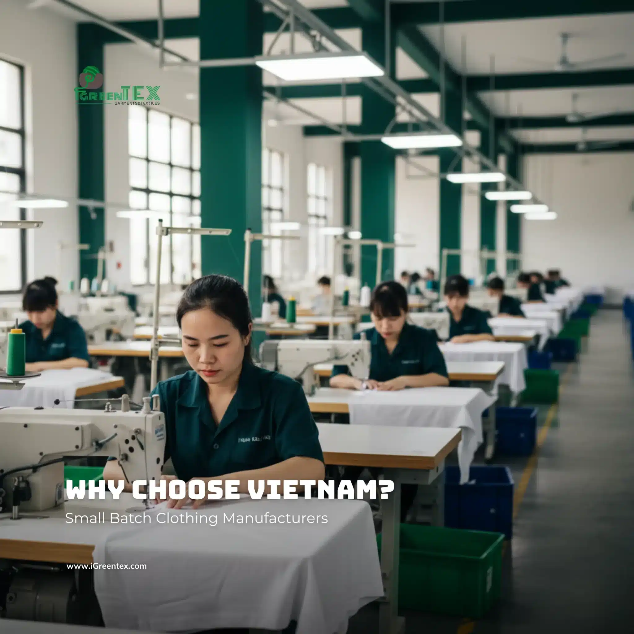 Modern garment factory floor at iGreen Tex Vietnam specializing in small batch clothing manufacturing with high quality control.