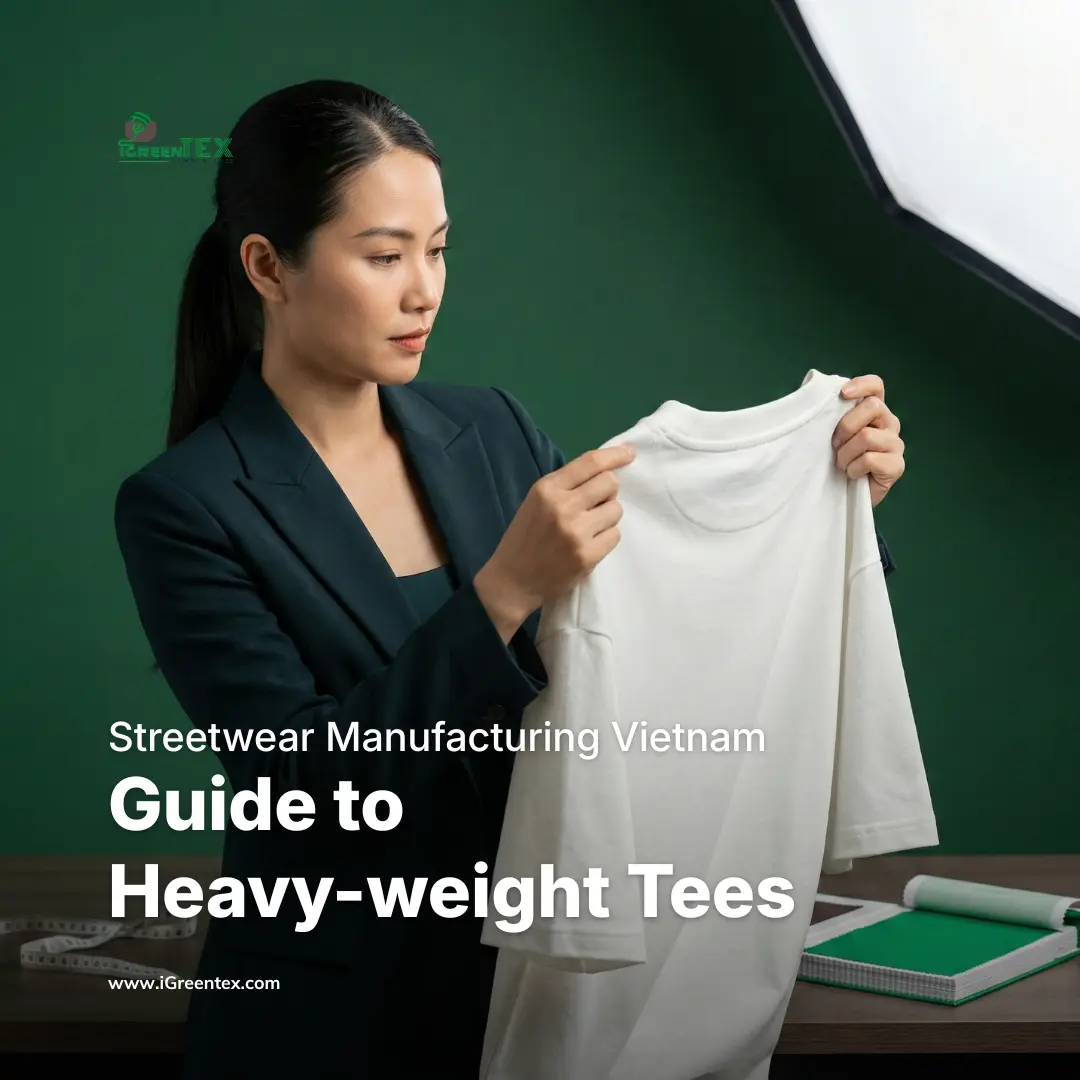 Sourcing manager inspecting heavyweight fabric quality and stitching for premium streetwear manufacturing Vietnam