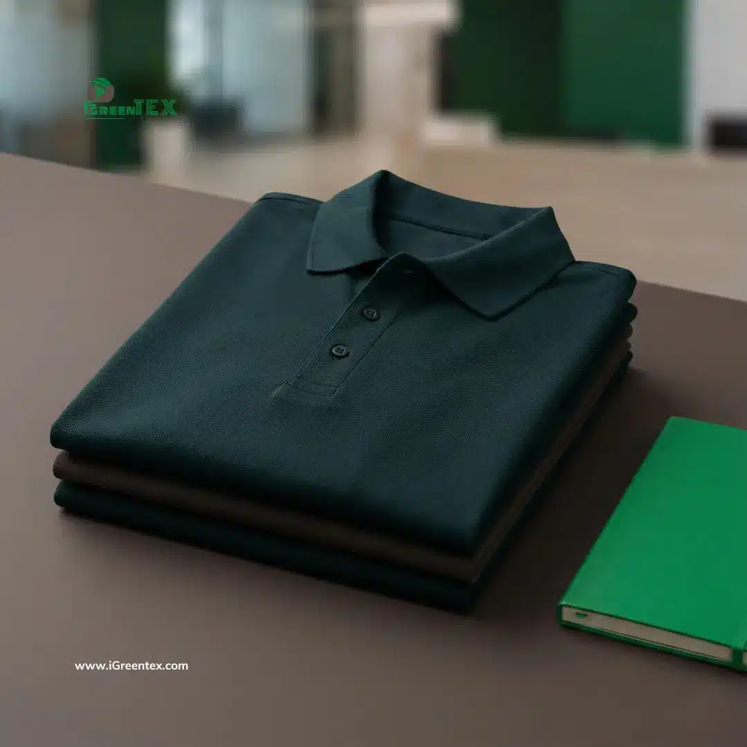 Close-up of a stack of folded deep teal black uniform polo shirts made from coffee fabric, showcasing wrinkle-resistant texture and color retention for corporate and service staff.