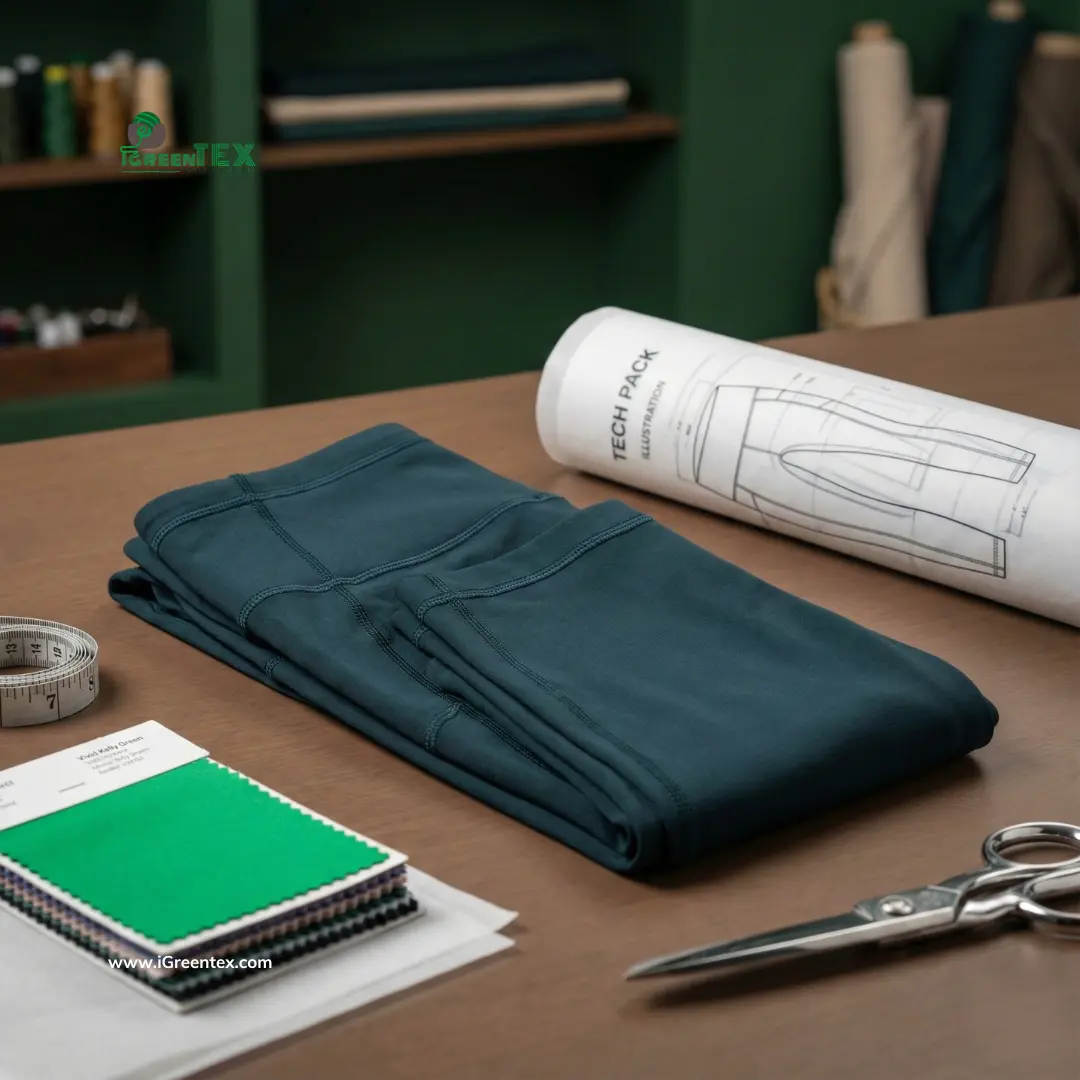 Close-up of premium activewear fabric swatches and a tech pack on a design table, representing the customization of fabric composition and stitching techniques.