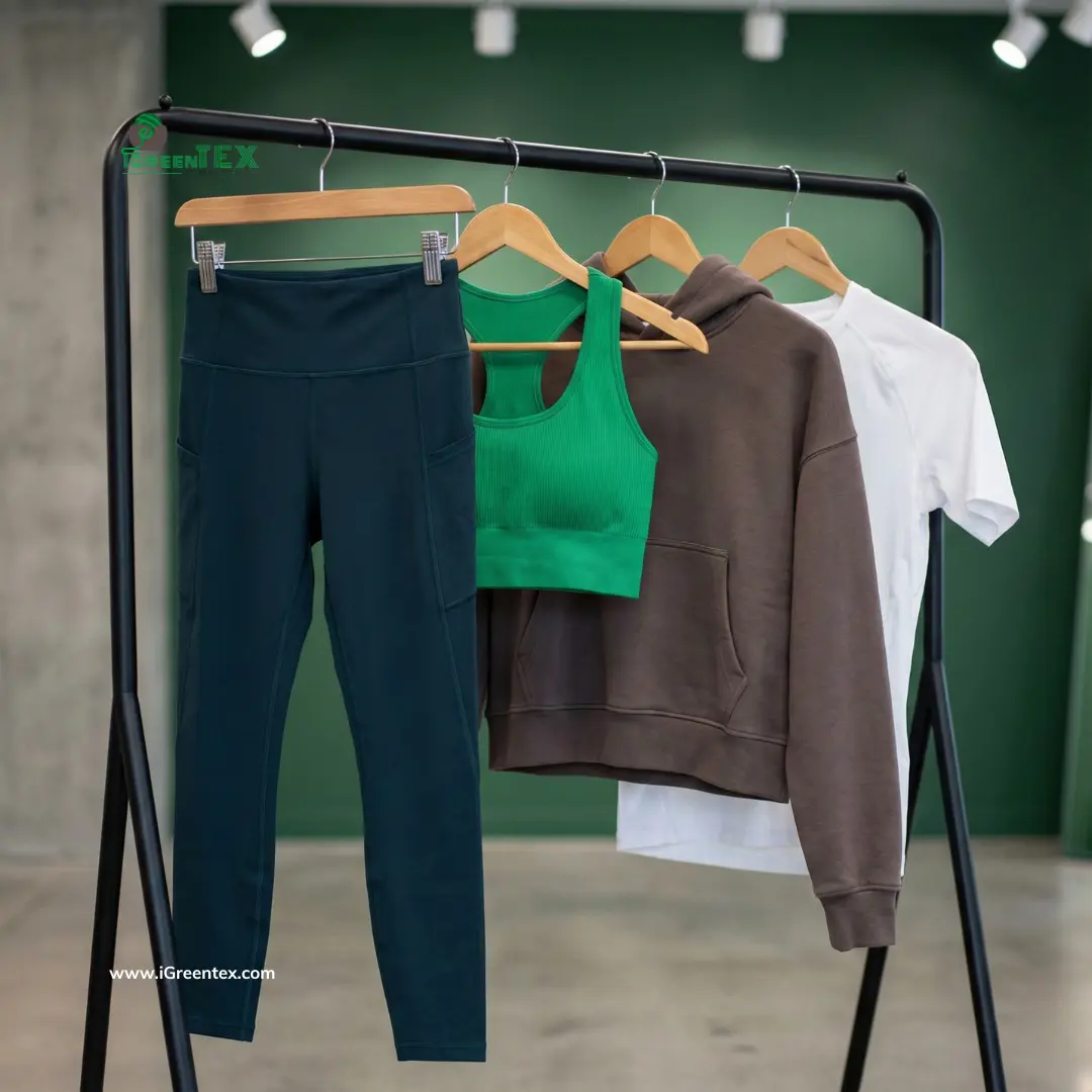 A curated clothing rack displaying essential private label activewear products including high-waisted leggings, sports bras, gym hoodies, and seamless apparel manufactured by iGreen Tex.