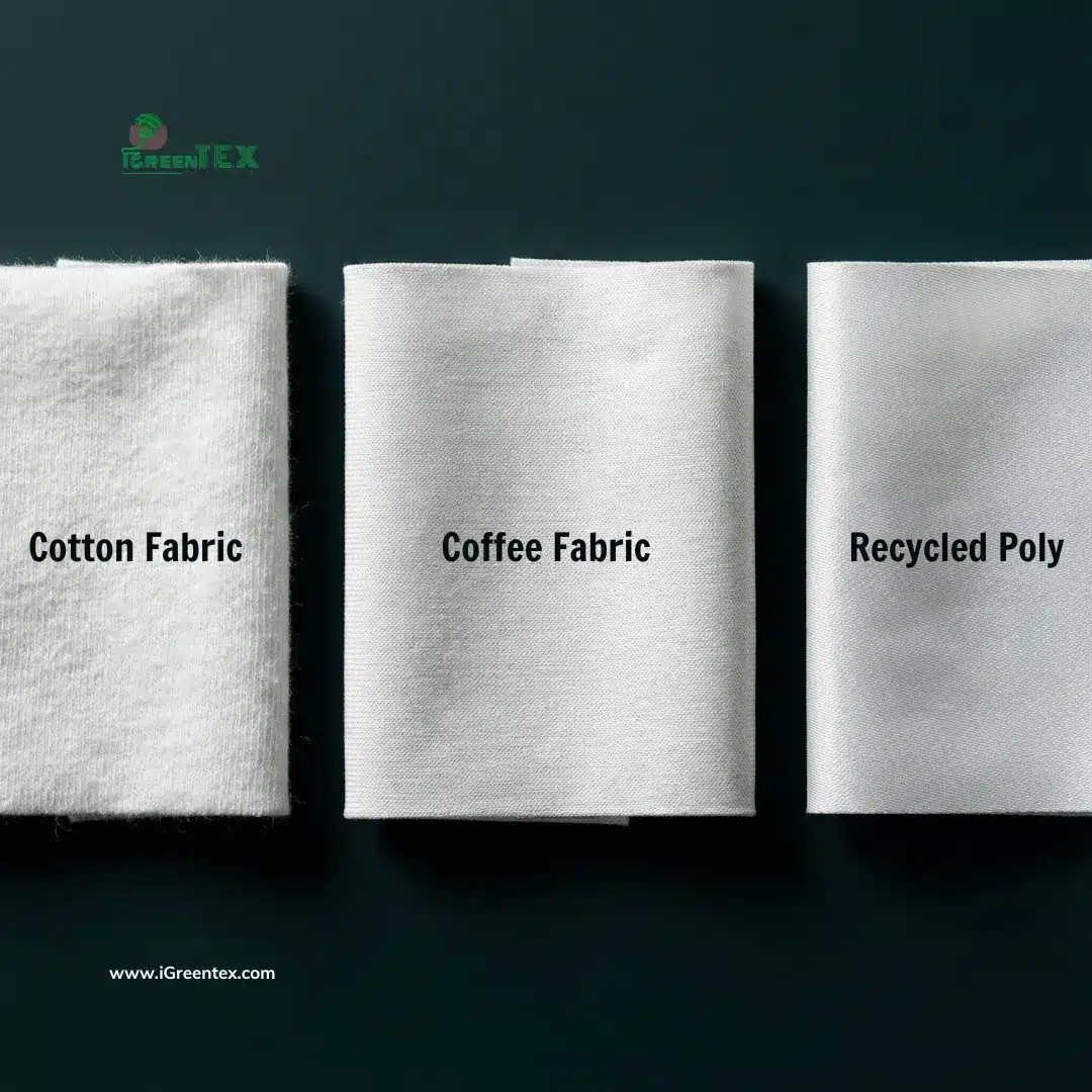 Macro photography comparison of three white fabric textures: organic cotton with fuzzy fibers, sustainable coffee fabric with a premium performance weave, and recycled polyester with a synthetic smooth finish.