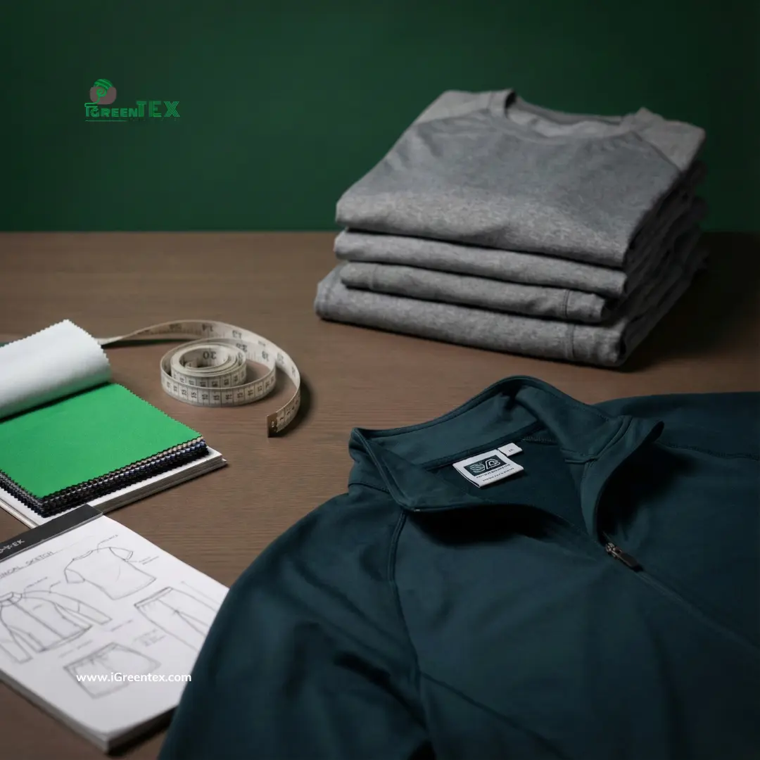 Comparison of custom private label activewear with design sketches versus a stack of generic white label clothing, illustrating the customization difference.