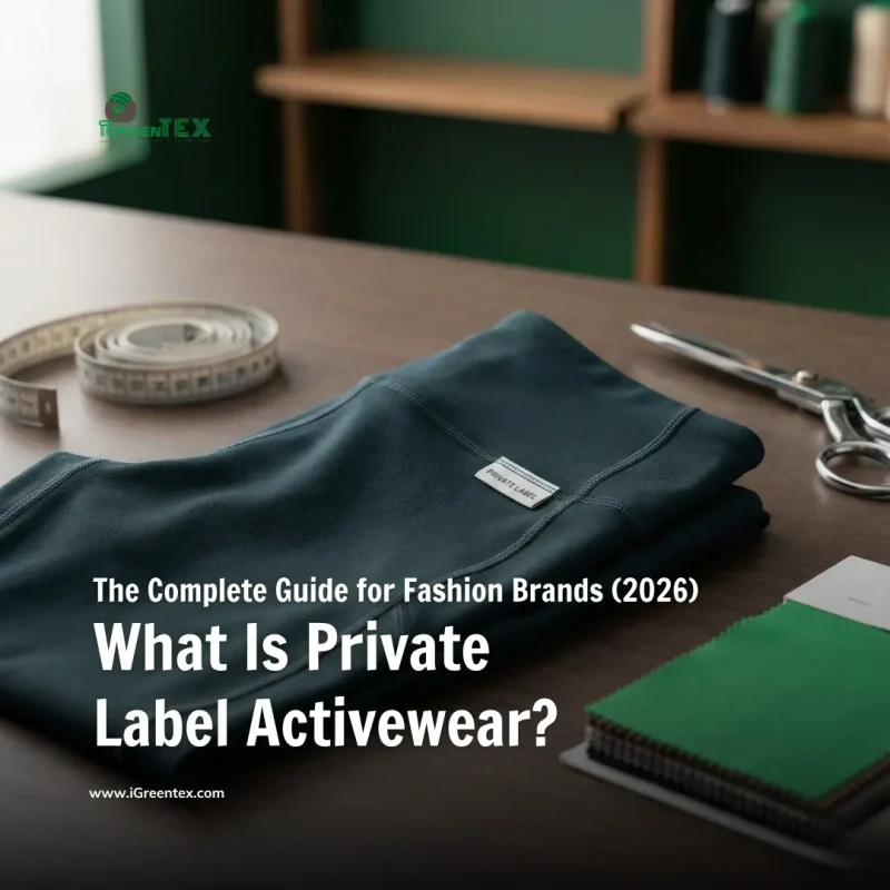 High-quality private label activewear leggings folded on a sample room table with tailoring tools, illustrating the definition of the OEM manufacturing process.
