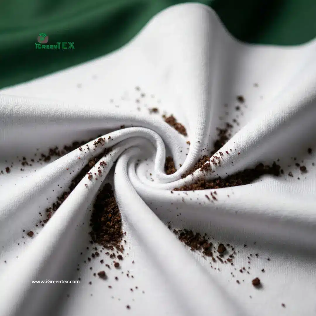 Close-up macro shot of white coffee fabric with an elegant twist, featuring scattered raw coffee grounds to illustrate sustainable coffee yarn technology and weave structure.