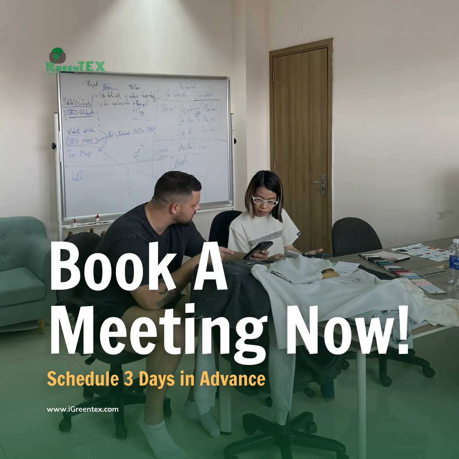A professional consultation room at iGreen Tex, an apparel manufacturing factory in Vietnam. The image shows a digital booking calendar indicating a 3-day advance notice requirement for direct factory tours and production meetings.