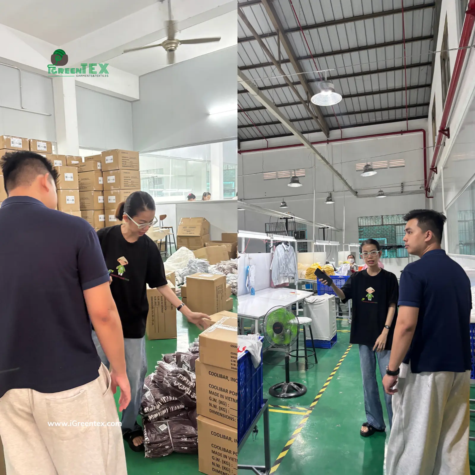 A professional photograph capturing an on-site client audit at the iGreen Tex factory in Vietnam, optimized for the keyword 'clothing manufacturers in vietnam for australian brands.' A sourcing manager from a major Australian clothing brand is carefully examining finished apparel on an active sewing line. Hundreds of workers are sewing hundreds of similar Australian-flag t-shirts (referencing previous images image_16.png and image_17.png) on machines, providing unedited visual proof of high-volume production and compliance directly satisfying the need to verify clothing manufacturers in vietnam for australian brands.