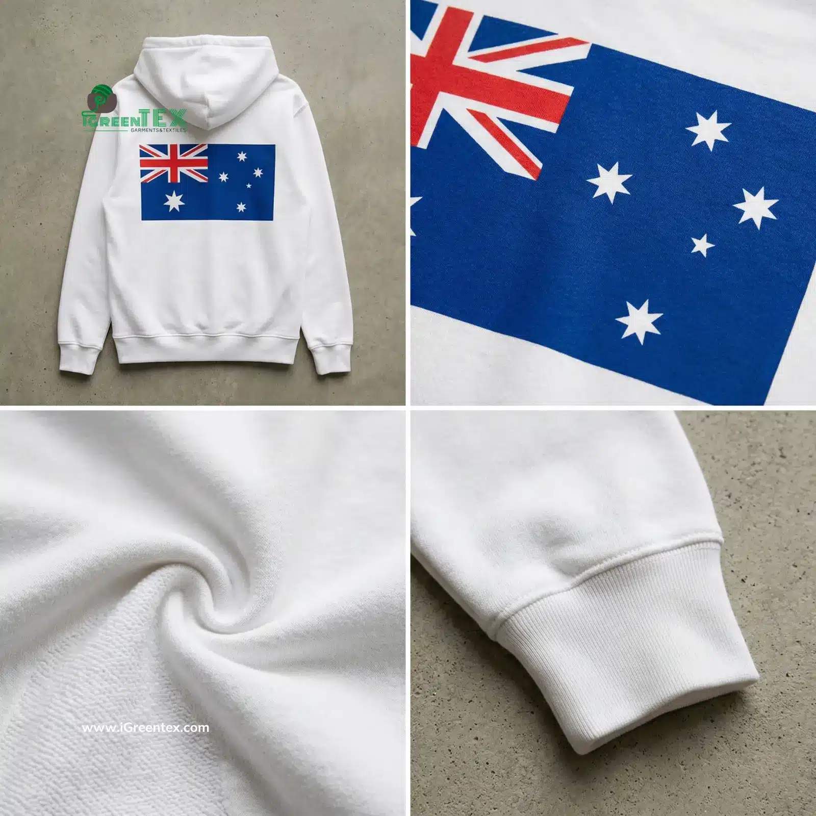 A 4-part composite image showcasing a premium hoodie sample from iGreen Tex, proving our capability as clothing manufacturers in vietnam for australian brands. The photo details the full garment, hood construction, ribbed cuff stitching, and inner fleece lining designed for Australian streetwear standards.