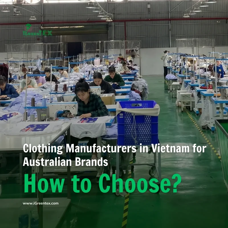 Skilled workers at iGreen Tex Vietnam factory sewing white t-shirts printed with the Australian flag. This image demonstrates why we are preferred clothing manufacturers in vietnam for australian brands seeking high-quality garment construction and reliable export services.