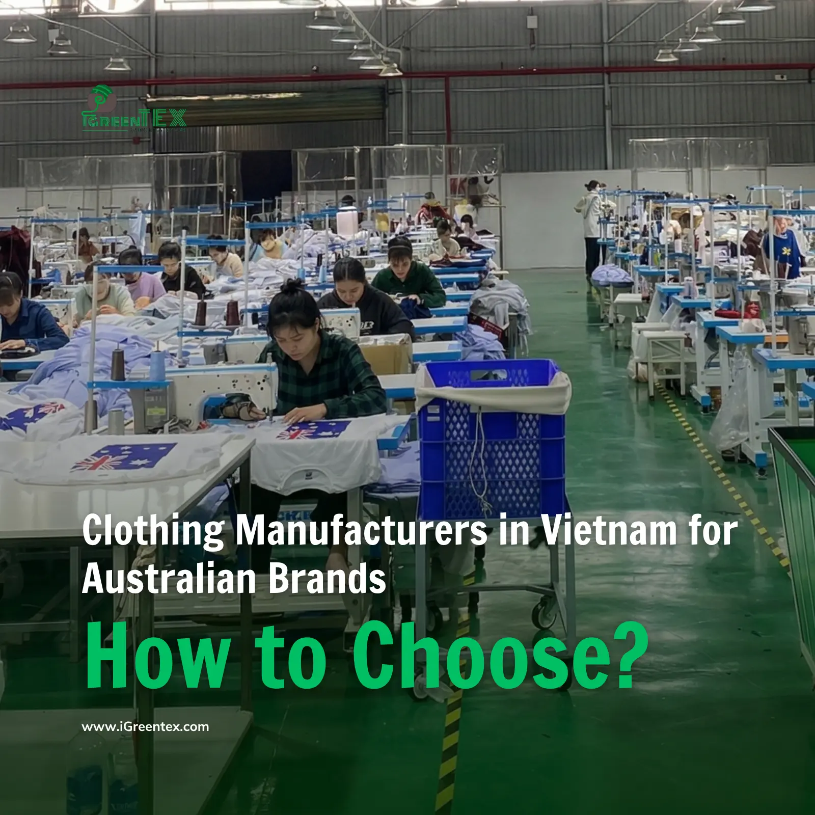 Skilled workers at iGreen Tex Vietnam factory sewing white t-shirts printed with the Australian flag. This image demonstrates why we are preferred clothing manufacturers in vietnam for australian brands seeking high-quality garment construction and reliable export services.