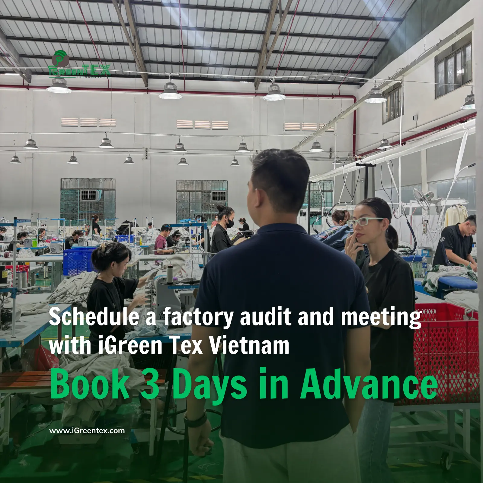 A high-resolution photograph capturing international apparel clients conducting an on-site audit at the iGreen Tex factory in Vietnam, a leading clothing manufacturer. The visitors are closely observing active sewing lines and checking quality benchmarks for a mass-production order, providing direct visual proof to help them verify this clothing manufacturer vietnam partner.