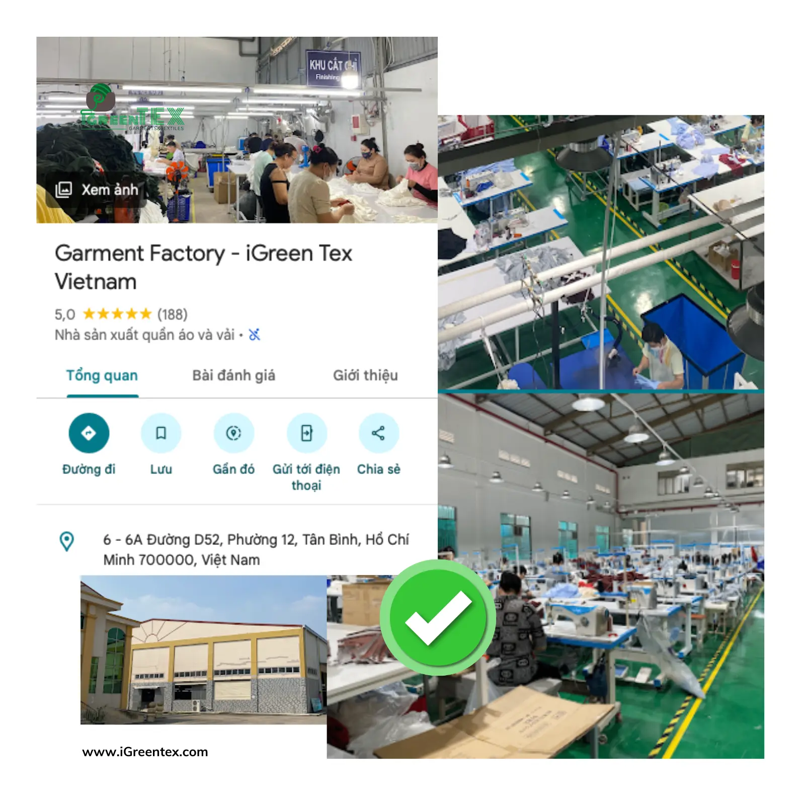 A verified Google Maps listing showing the precise physical location of the iGreen Tex factory in Vietnam. This official digital pin helps international sourcing managers verify garment factory vietnam existence and proximity to major logistics hubs before visiting.