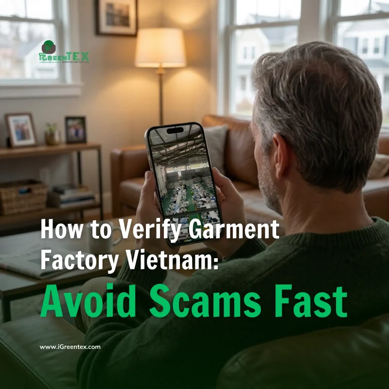 A professional supply chain manager in the USA using a smartphone to verify garment factory vietnam standards by reviewing real-time production images from the iGreen Tex facility. This digital process helps global brands verify garment factory vietnam operations for compliance and quality before placing bulk orders.