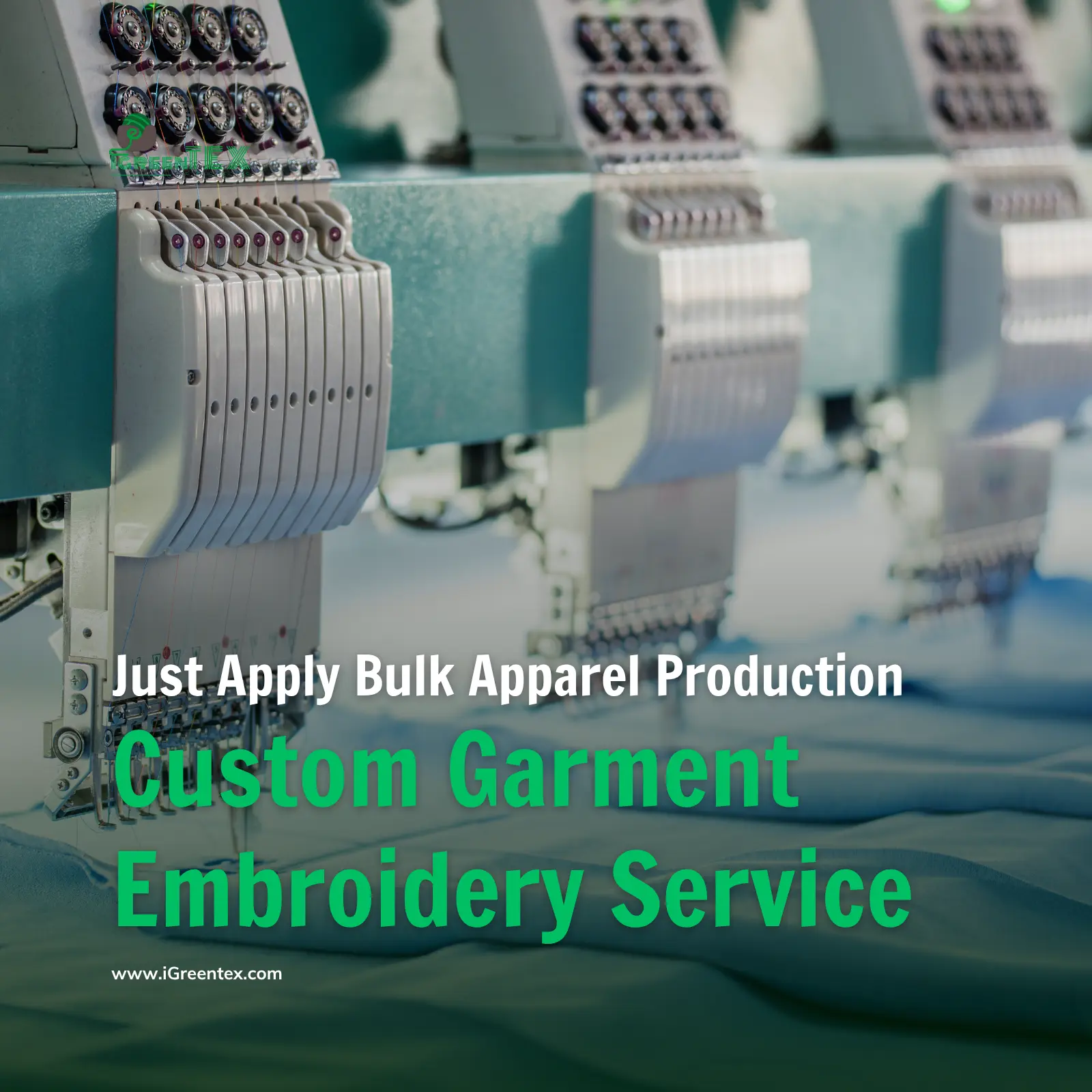A high-speed industrial multi-head embroidery machine at the iGreen Tex Vietnam factory. This custom garment embroidery service is provided exclusively as a part of our bulk apparel manufacturing for international clients.