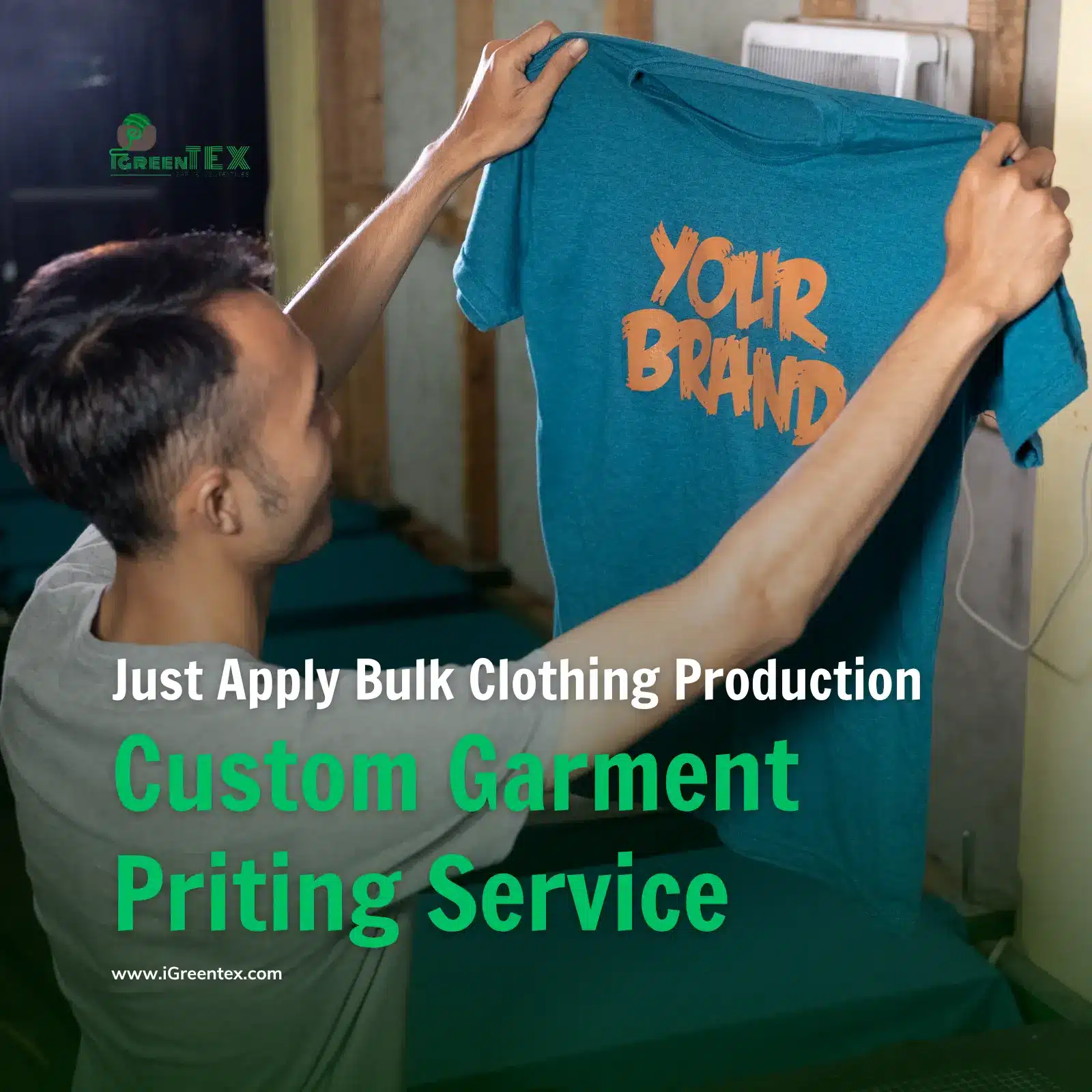 An industrial screen printing machine at iGreen Tex Vietnam facility. This custom garment printing service is exclusively provided as an integrated part of our bulk clothing production for international export partners.