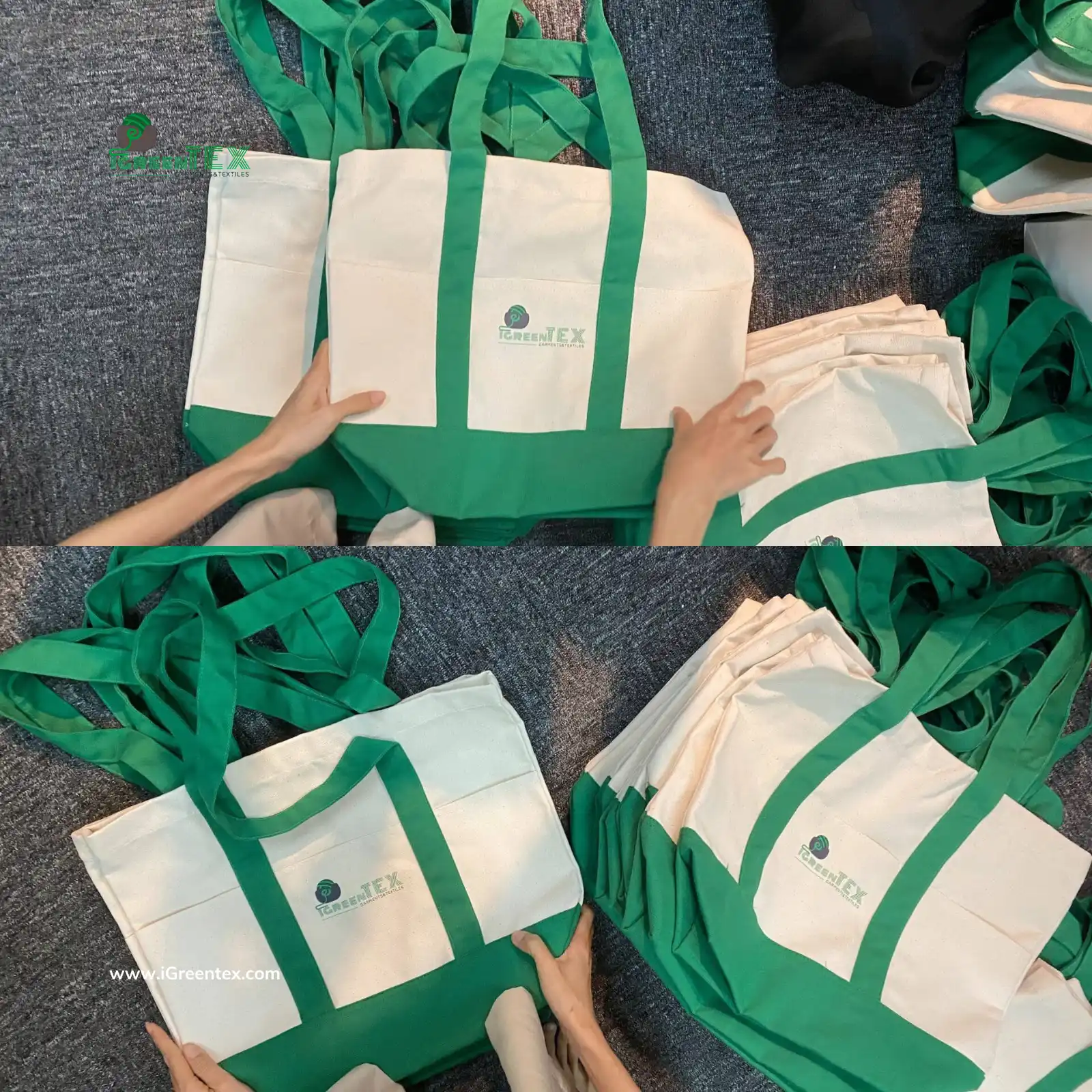 A collection of printed canvas and cotton bags produced at the iGreen Tex facility. This display highlights our technical expertise in custom oem fabric bag manufacturing, featuring sharp graphic prints and reinforced stitching for global brands.