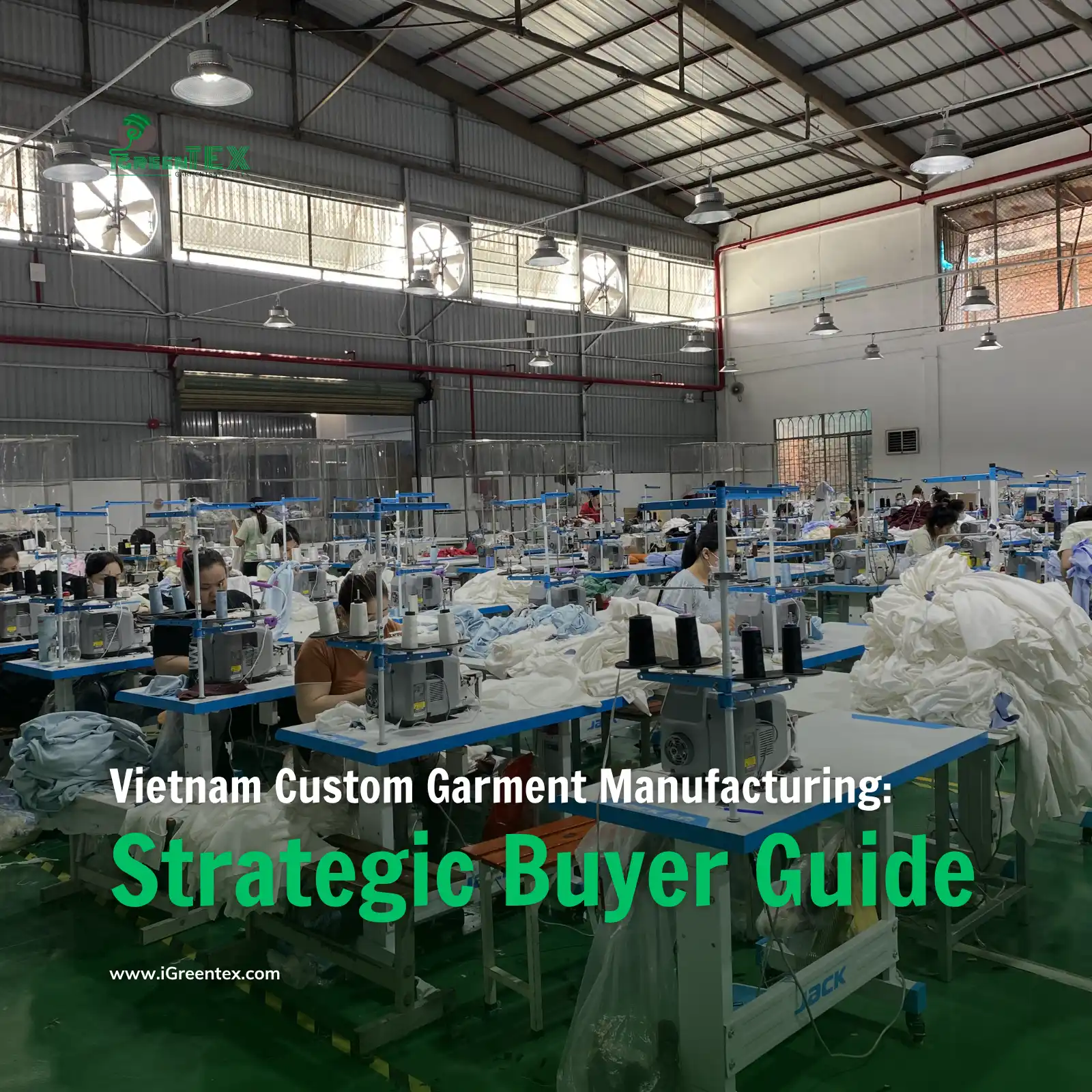 A wide view of the active sewing floor at iGreen Tex Vietnam. Skilled workers are focused on producing high-quality apparel, proving our capacity for vietnam custom garment manufacturing for global brands.