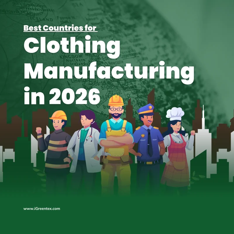 A professional featured graphic highlighting the top global apparel export regions, illustrating the best countries for clothing manufacturing in 2026, presented by iGreen Tex.