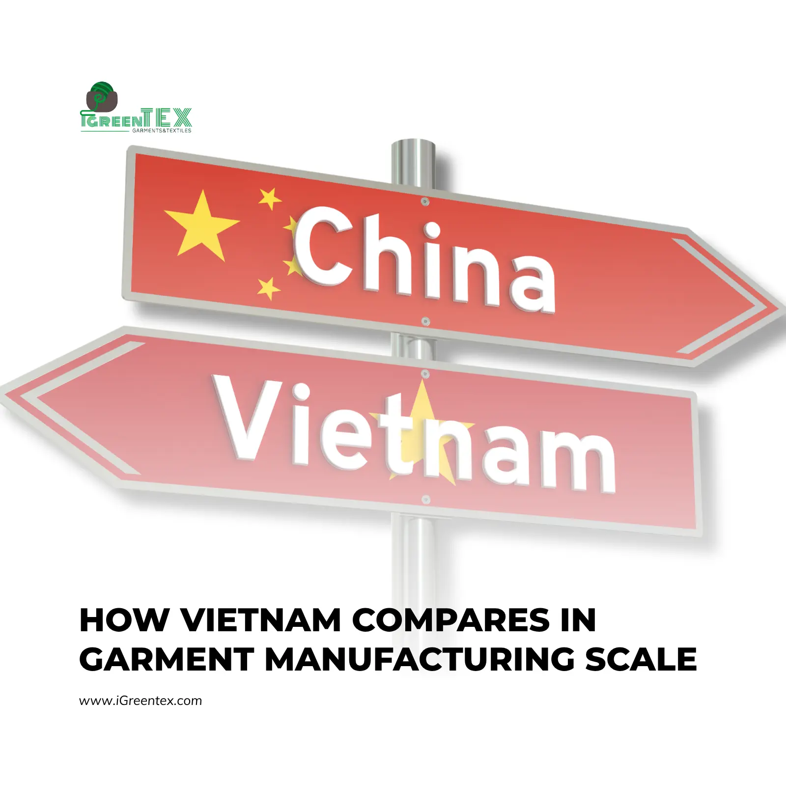 An industrial infographic comparing factory output and machinery allocation to analyze large-scale production in Vietnam vs China, presented by iGreen Tex.