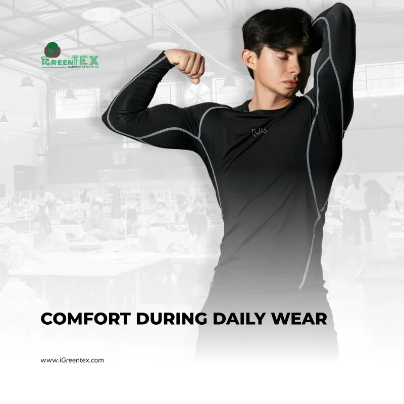 A high-performance sportswear garment manufactured by iGreen Tex, showcasing flatlock stitching and breathable fabric elasticity that defines comfort during daily wear and highlights Vietnam vs India garment manufacturing quality.