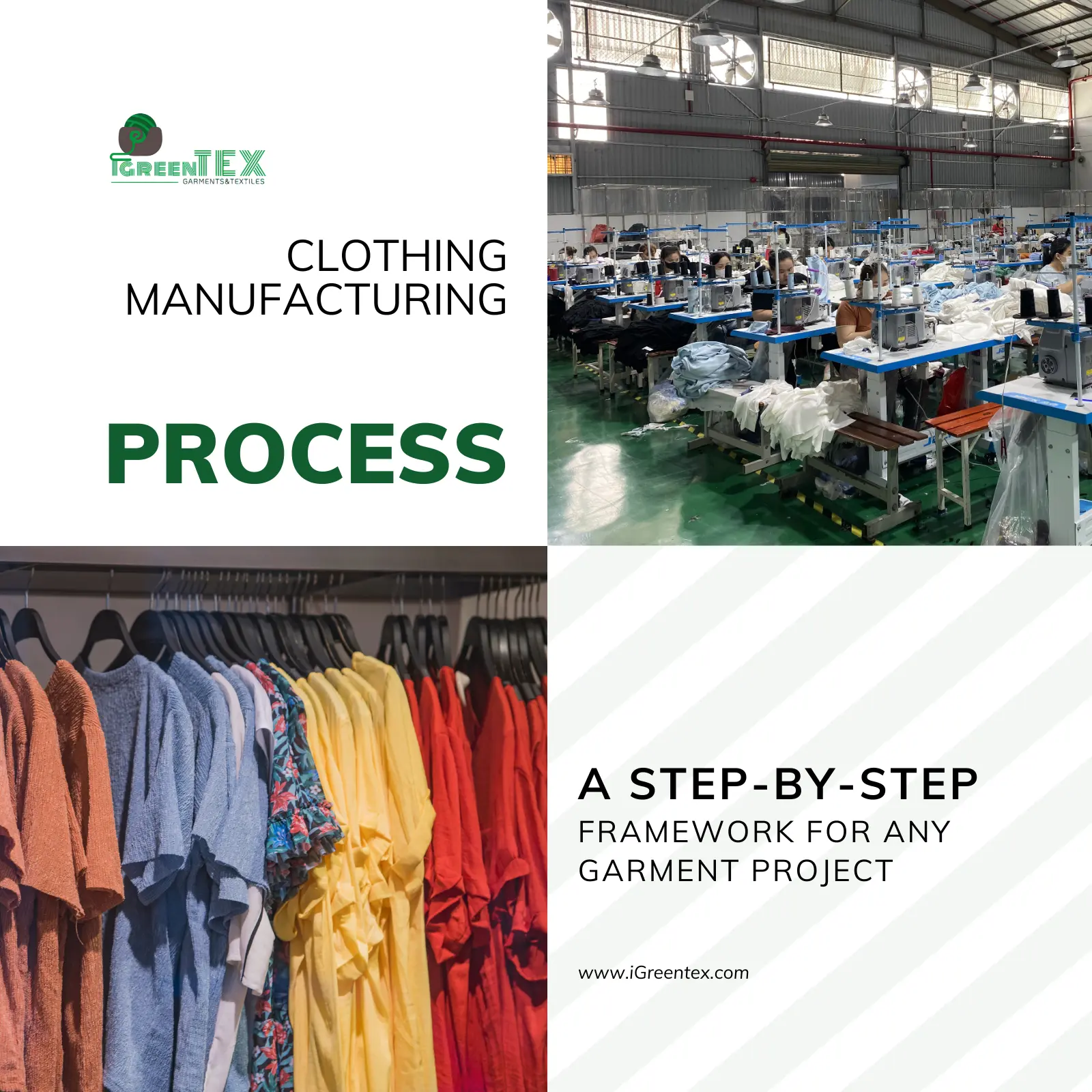 A flowchart detailing chronological steps within a standard clothing manufacturing process.