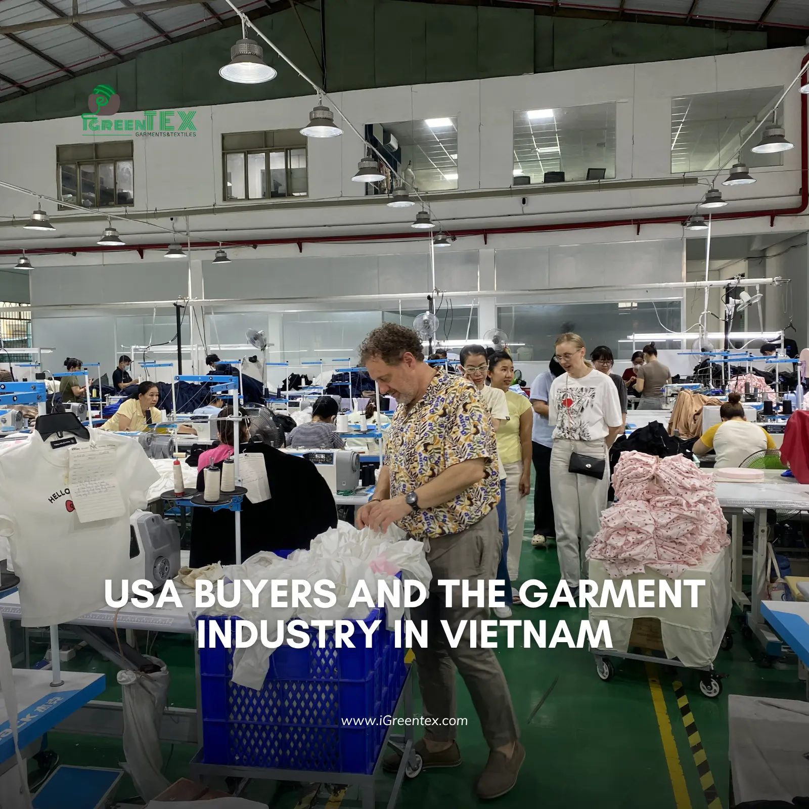 USA clients meeting on the production floor of the garment industry in Vietnam.
