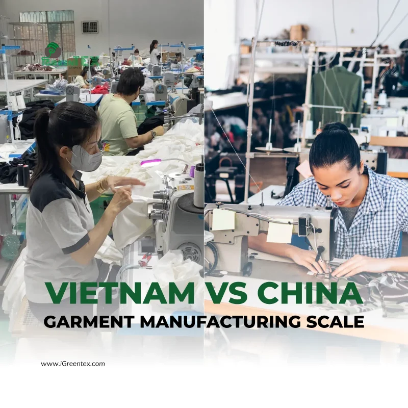 A structural data graphic comparing factory floor area and machinery capacity to illustrate Vietnam vs China garment manufacturing scale, developed by iGreen Tex.