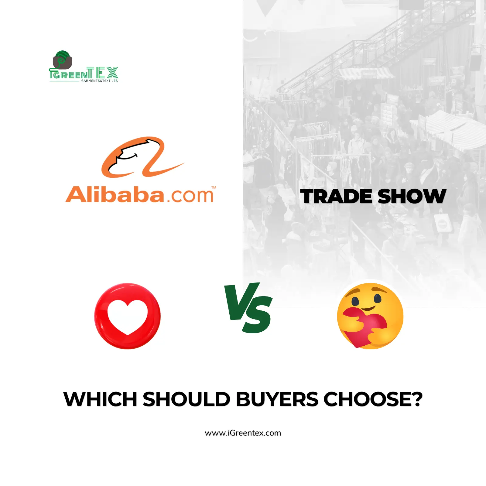 A comparison chart of online sourcing on Alibaba vs Trade Fair events.